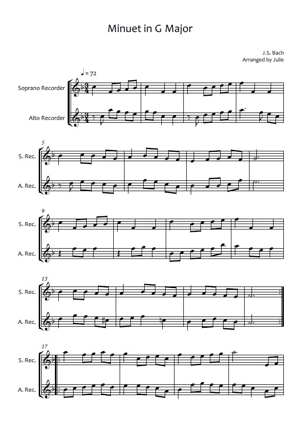 Minuet in G Major - J.S. Bach(바흐) 리코더 2중주 악보