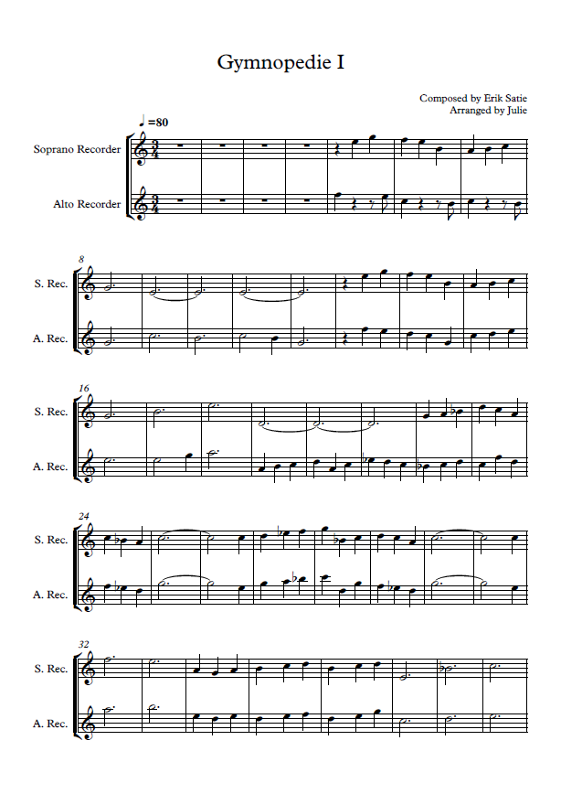 Gymnopedie I - Erik Satie(시몬스 침대 광고음악) 리코더 2중주 악보