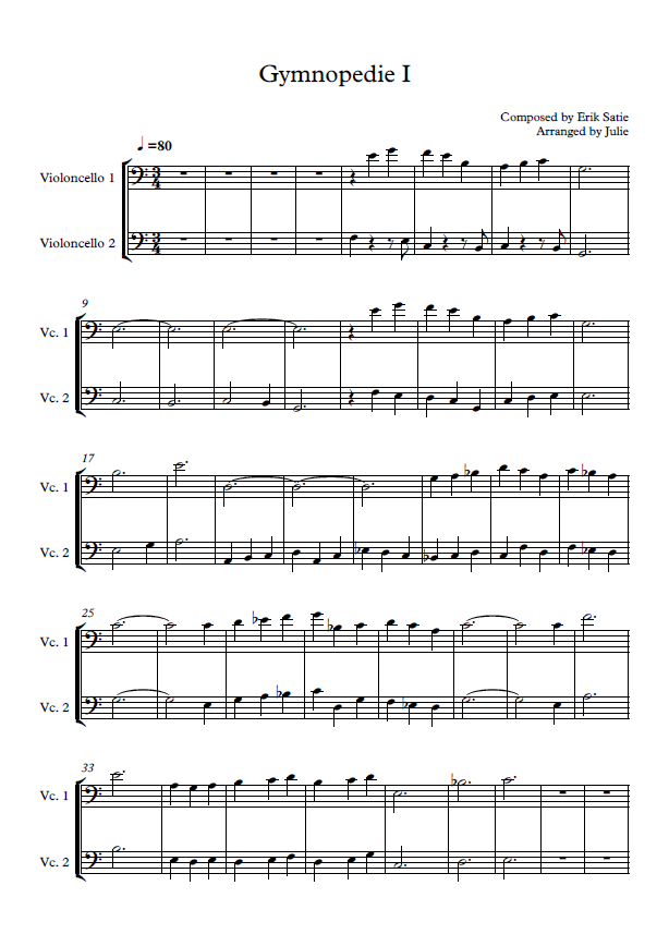 Gymnopedie I - Erik Satie(시몬스 침대 광고음악) 첼로 2중주 악보