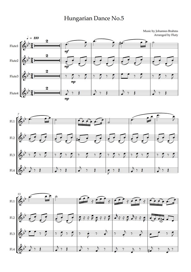 헝가리무곡(브람스) 플룻4중주 악보