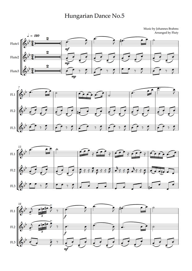 헝가리무곡(브람스) 플룻 3중주 악보