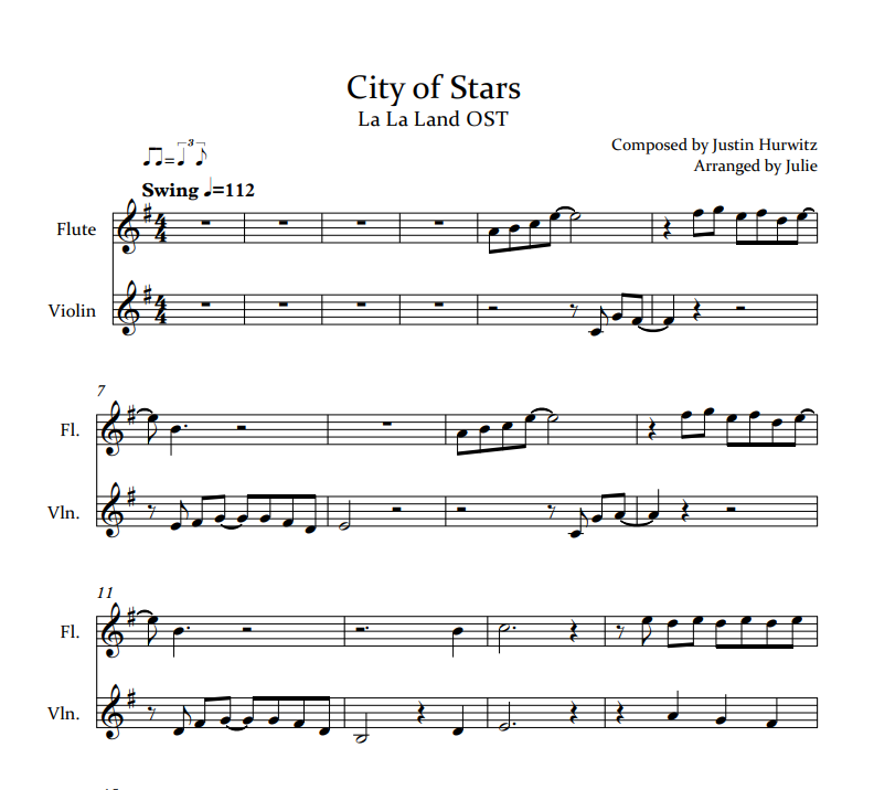 City of Stars (라라랜드 OST) 플룻 바이올린 2중주 악보