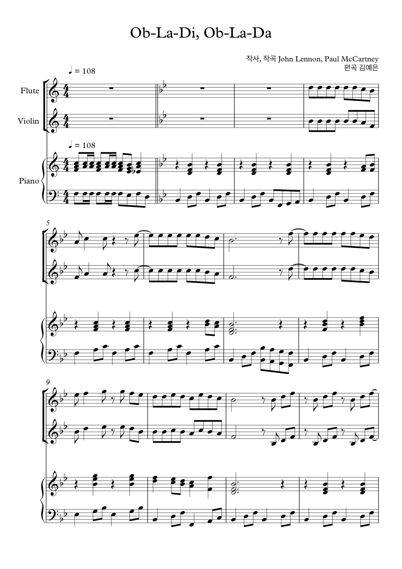 Ob-La-Di, Ob-La-Da 오블라디 오블라다 비틀즈 플룻 바이올린 2중주 악보