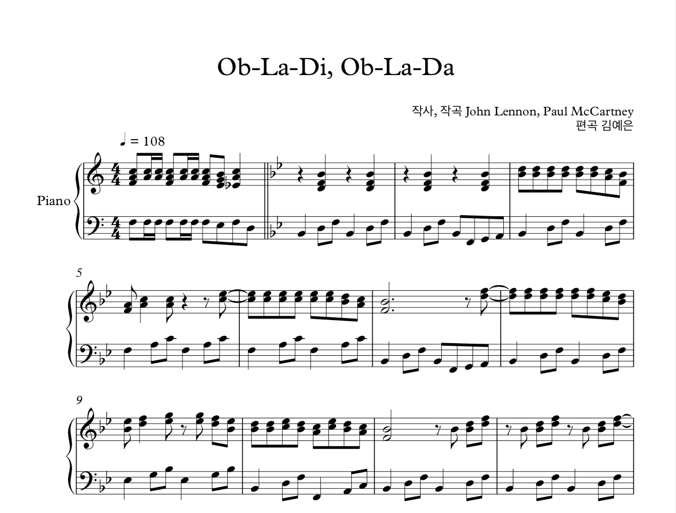 Ob-La-Di, Ob-La-Da 오블라디 오블라다 비틀즈 피아노 솔로 악보