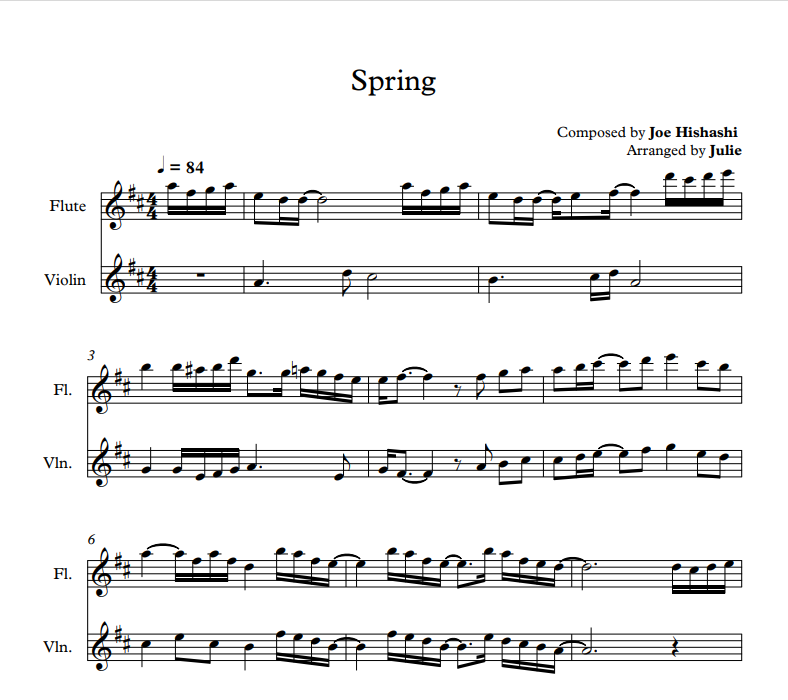 Spring - Joe Hisaishi 플룻 바이올린 2중주 악보