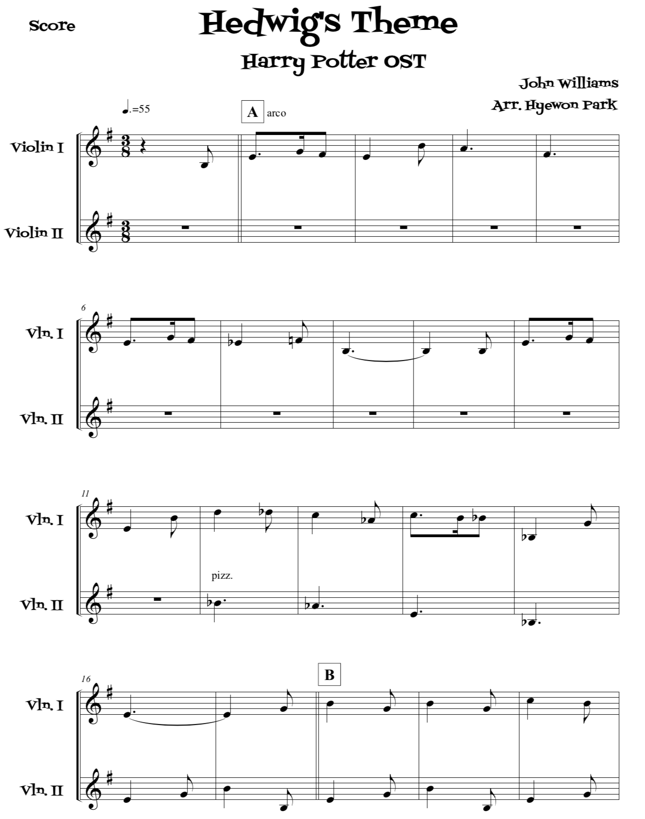 Hedwig's Theme (해리포터 OST) 바이올린 2중주 악보