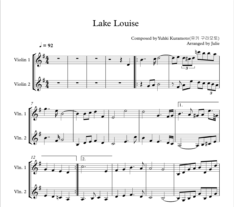 Lake Louise - 유키구라모토 바이올린 2중주 악보