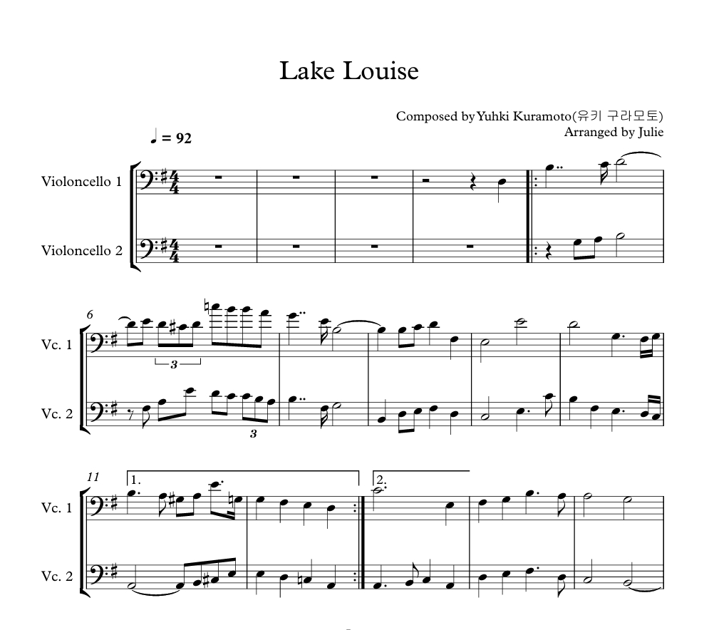 Lake Louise - 유키구라모토 첼로 2중주 악보
