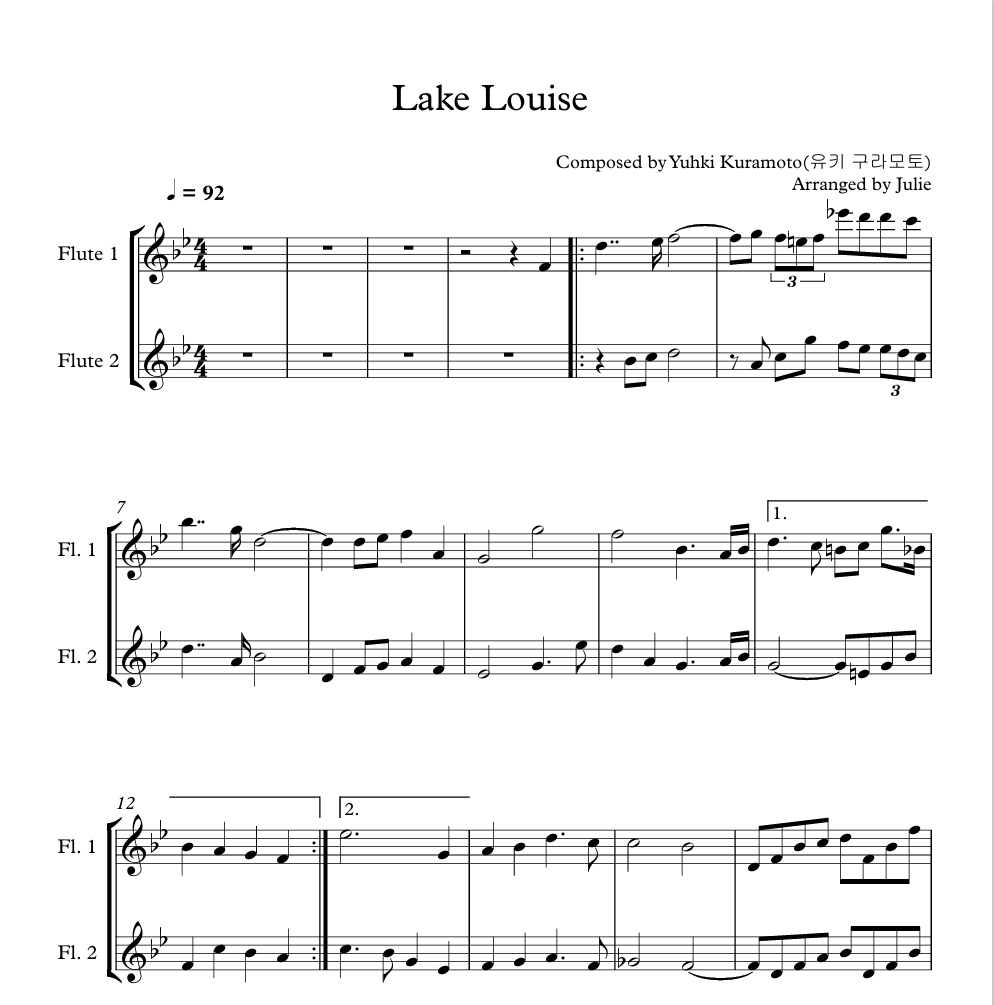 Lake Louise - 유키구라모토 플룻 2중주 악보