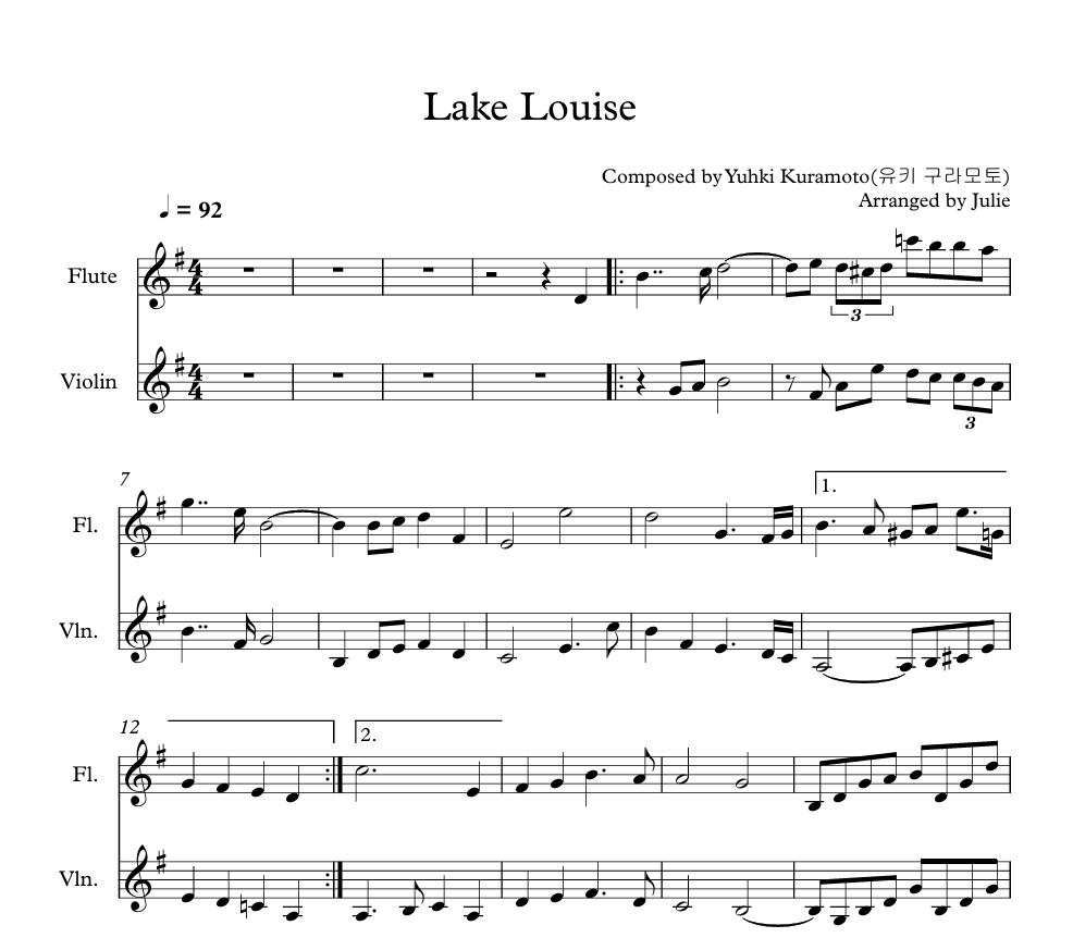 Lake Louise - 유키구라모토 플룻 바이올린 2중주 악보