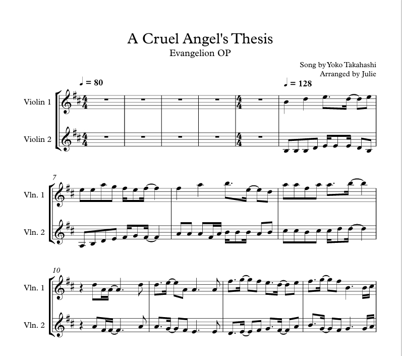 잔혹한 천사의 테제 - 에반게리온 OP 바이올린 2중주 악보