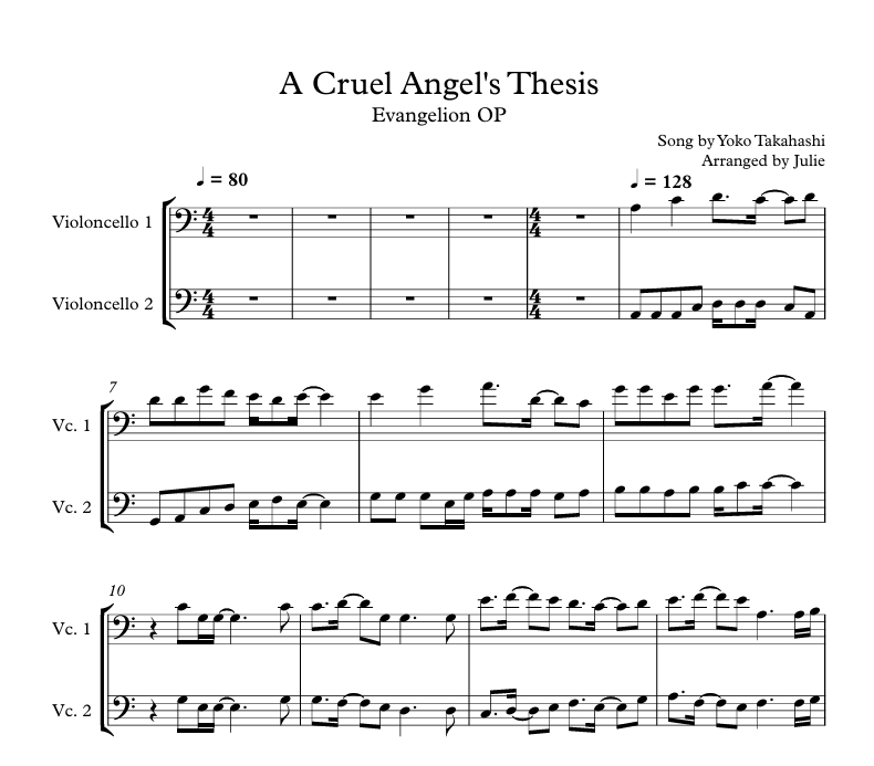 잔혹한 천사의 테제 - 에반게리온 OP 첼로 2중주 악보