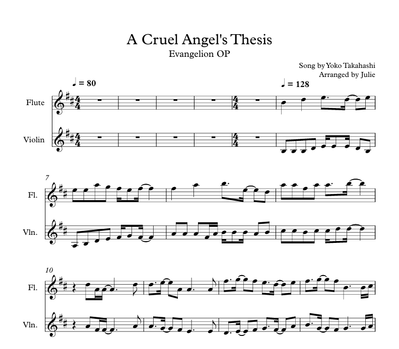 잔혹한 천사의 테제 - 에반게리온 OP 플룻 바이올린 2중주 악보