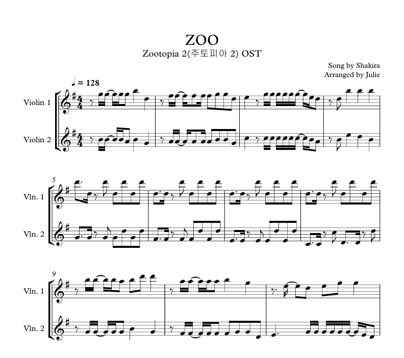 ZOO(주토피아2 OST) - Shakira 바이올린 2중주 악보