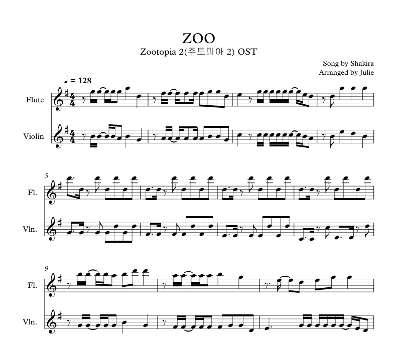 ZOO(주토피아2 OST) - Shakira 플룻 바이올린 2중주 악보
