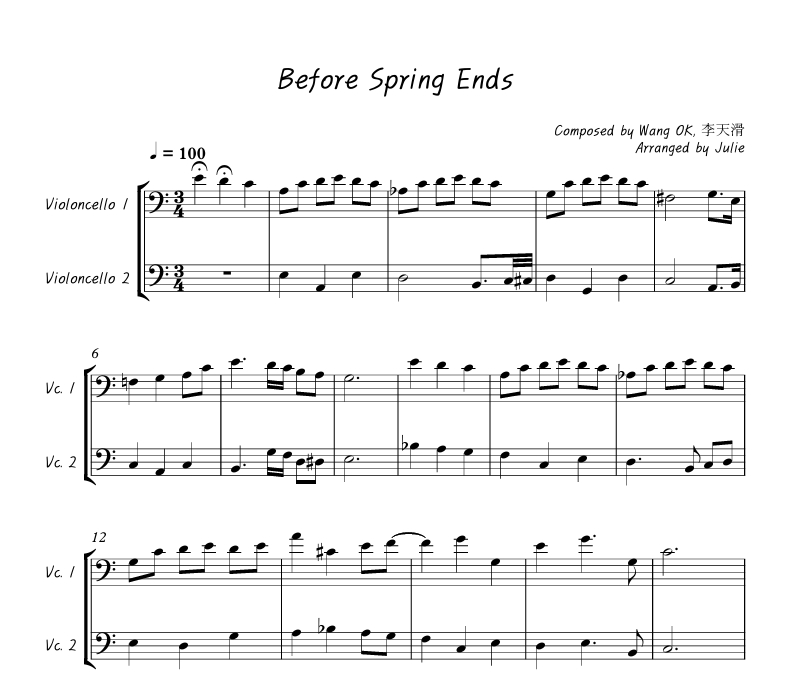 Before Spring Ends - Wang OK 첼로 2중주 악보